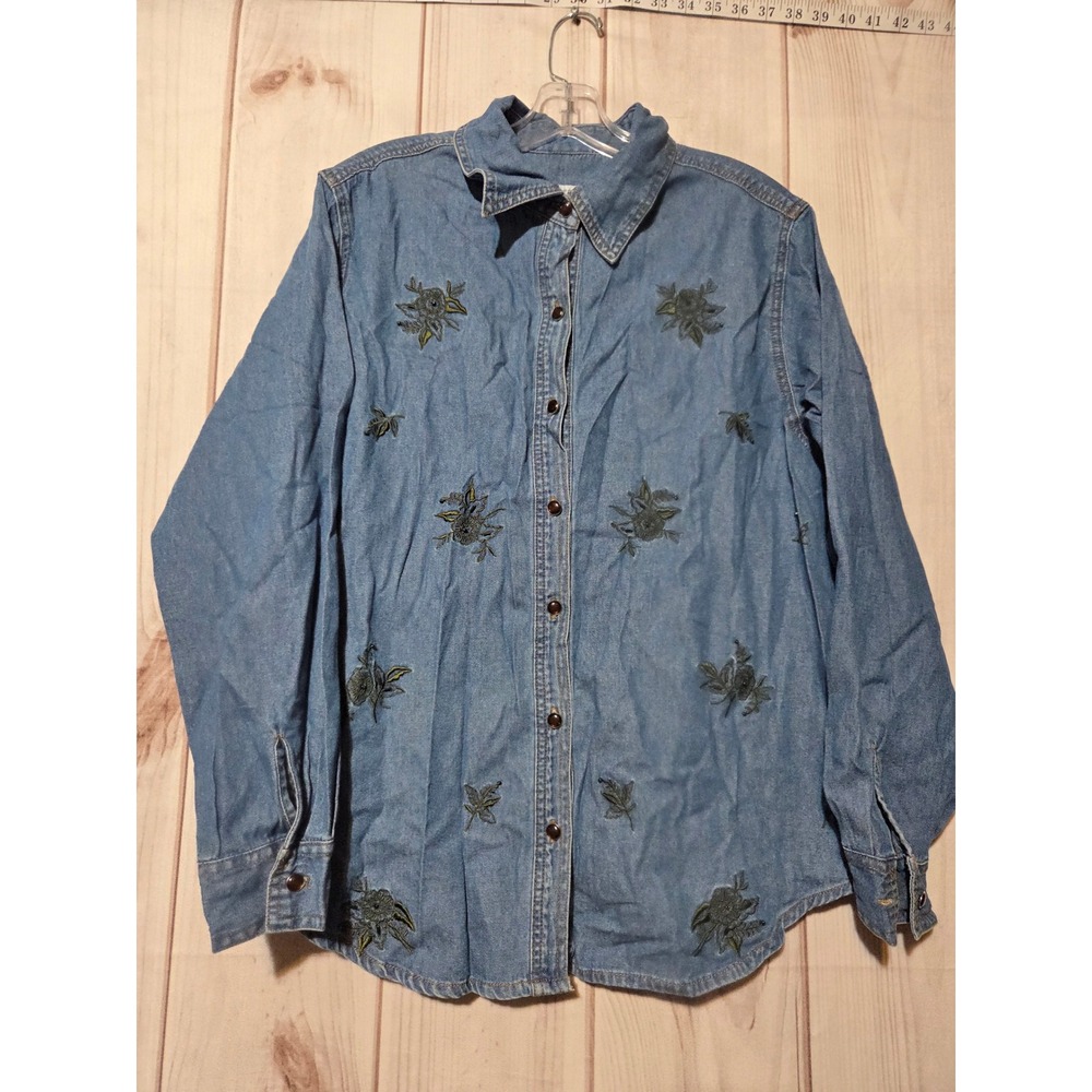 Mesa Denim Shirt Women's Size L Blue Floral Embroidered Long Sleeve Button Up